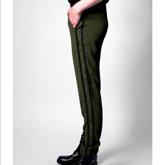 NWT Zadig & Voltaire army green black logo stripe Paula crepe pants size 34 / S - Picture 3 of 12